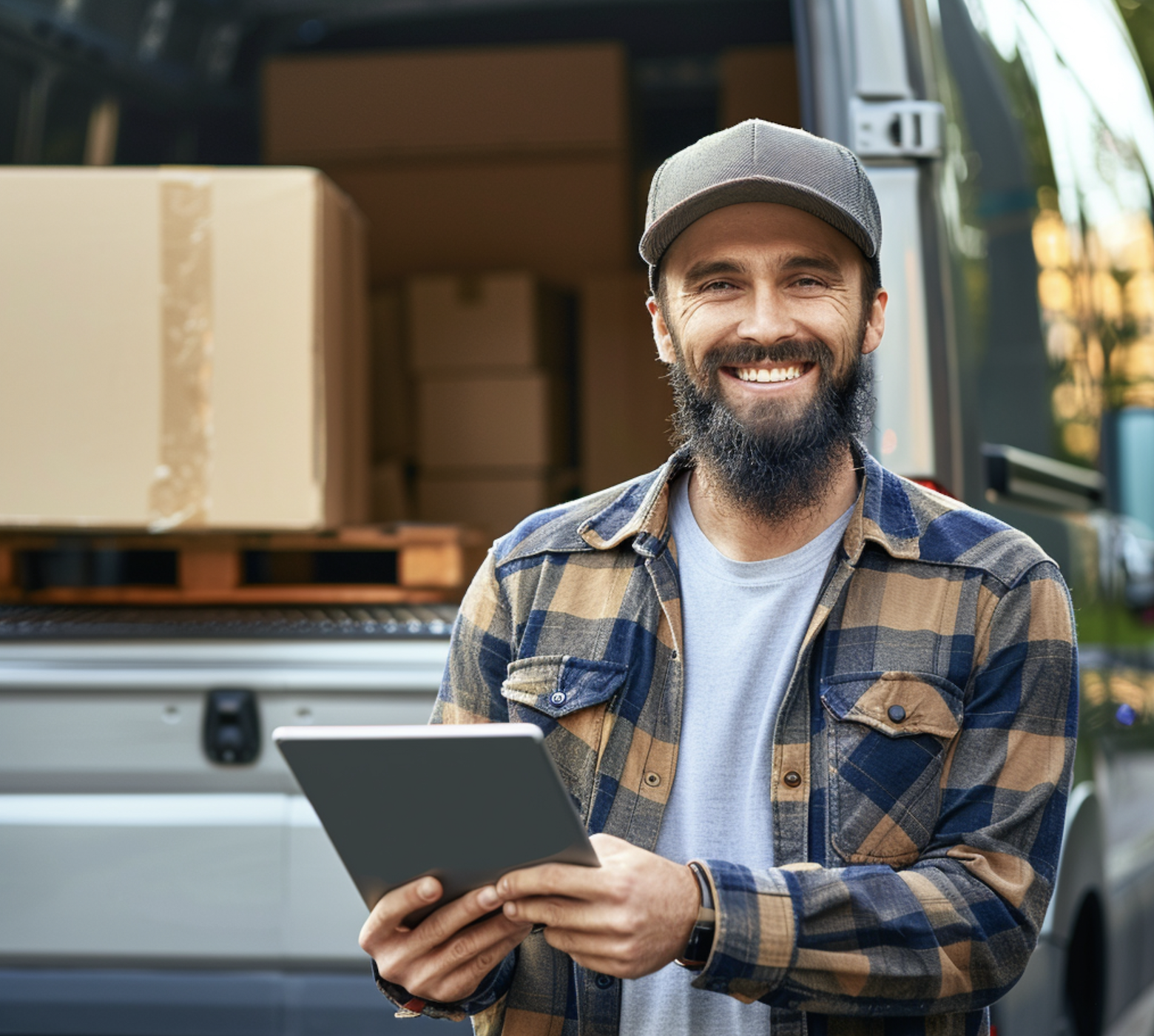 delivery truck driver holding a tablet